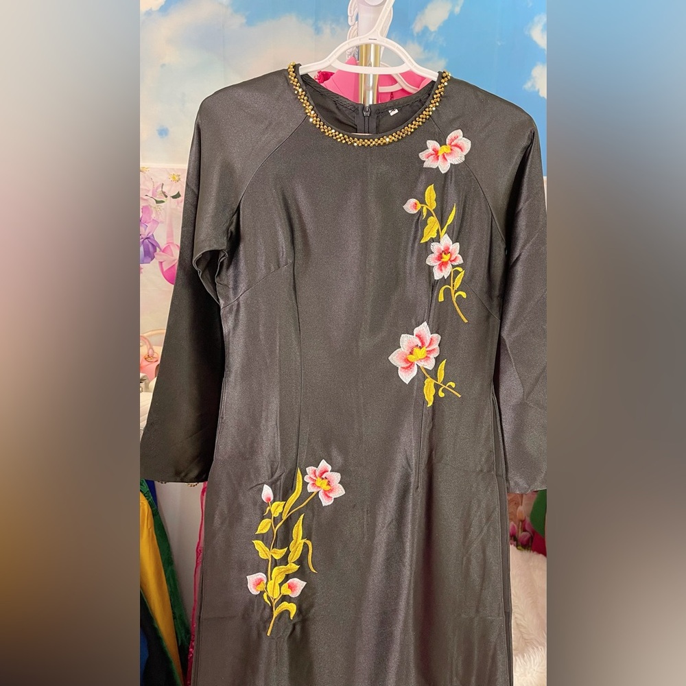 Ao dai lua Valentino, Vietnamese traditional long dress set m medium 2 black 🎁